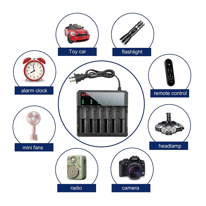 6 Bay Li-ion Lithium Smart Battery Charger Can Charge for Different Type of Batteries 10440 14500 16650 14650 18350 18500 16340