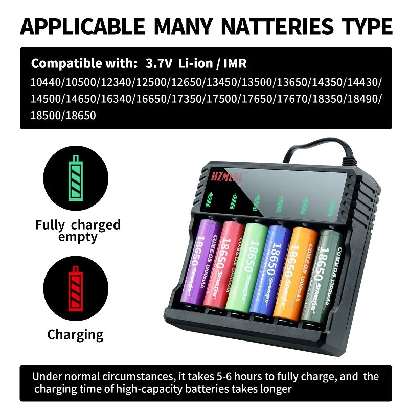 6 Bay Li-ion Lithium Smart Battery Charger Can Charge for Different Type of Batteries 10440 14500 16650 14650 18350 18500 16340
