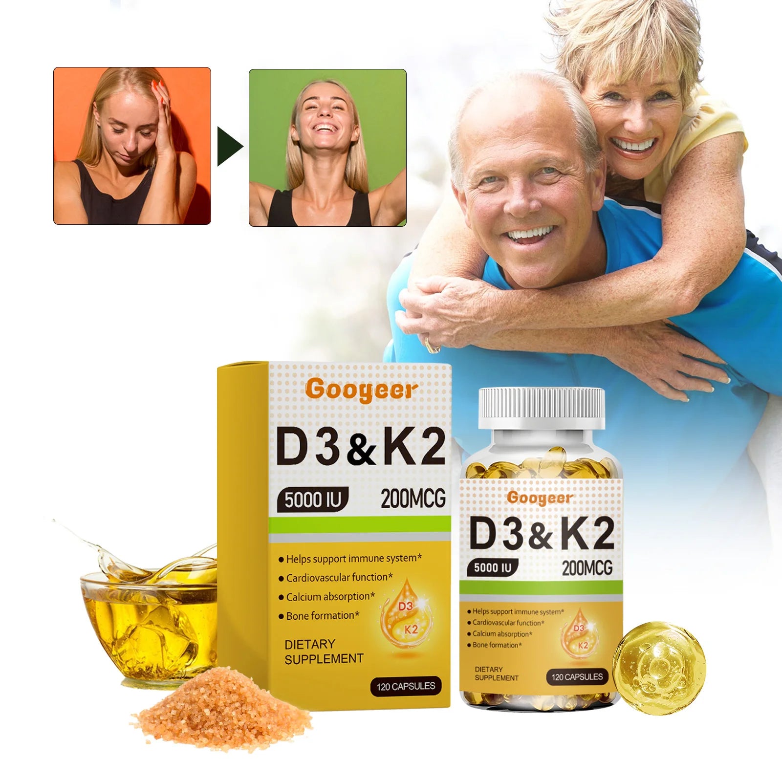 Googeer 120pcs Vitamin D3 K2 Gel Capsules Dietary Supplement For Immunity Relieve Fatigue Enhance Body Energy Vitamin Capsules
