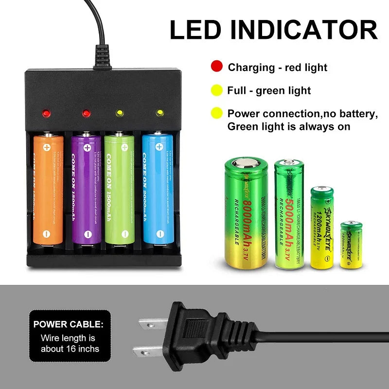Skywolfeye 4 Bay Smart Universal Charger for 3.7V Rechargeable Li-ion Batteries Compatible 18650 26650 22650 14500 16340(CR123)