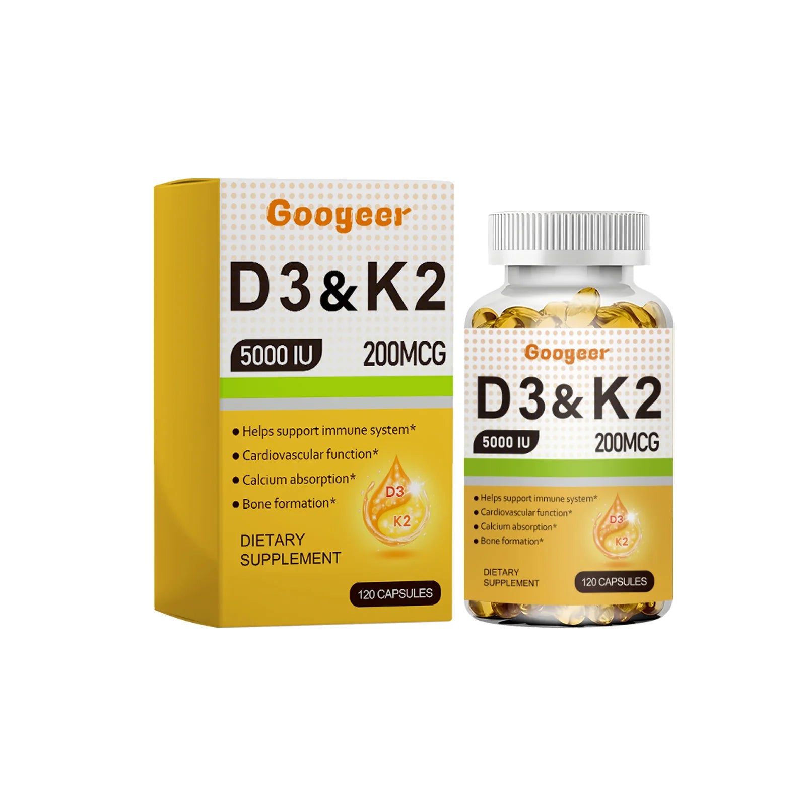 Googeer 120pcs Vitamin D3 K2 Gel Capsules Dietary Supplement For Immunity Relieve Fatigue Enhance Body Energy Vitamin Capsules