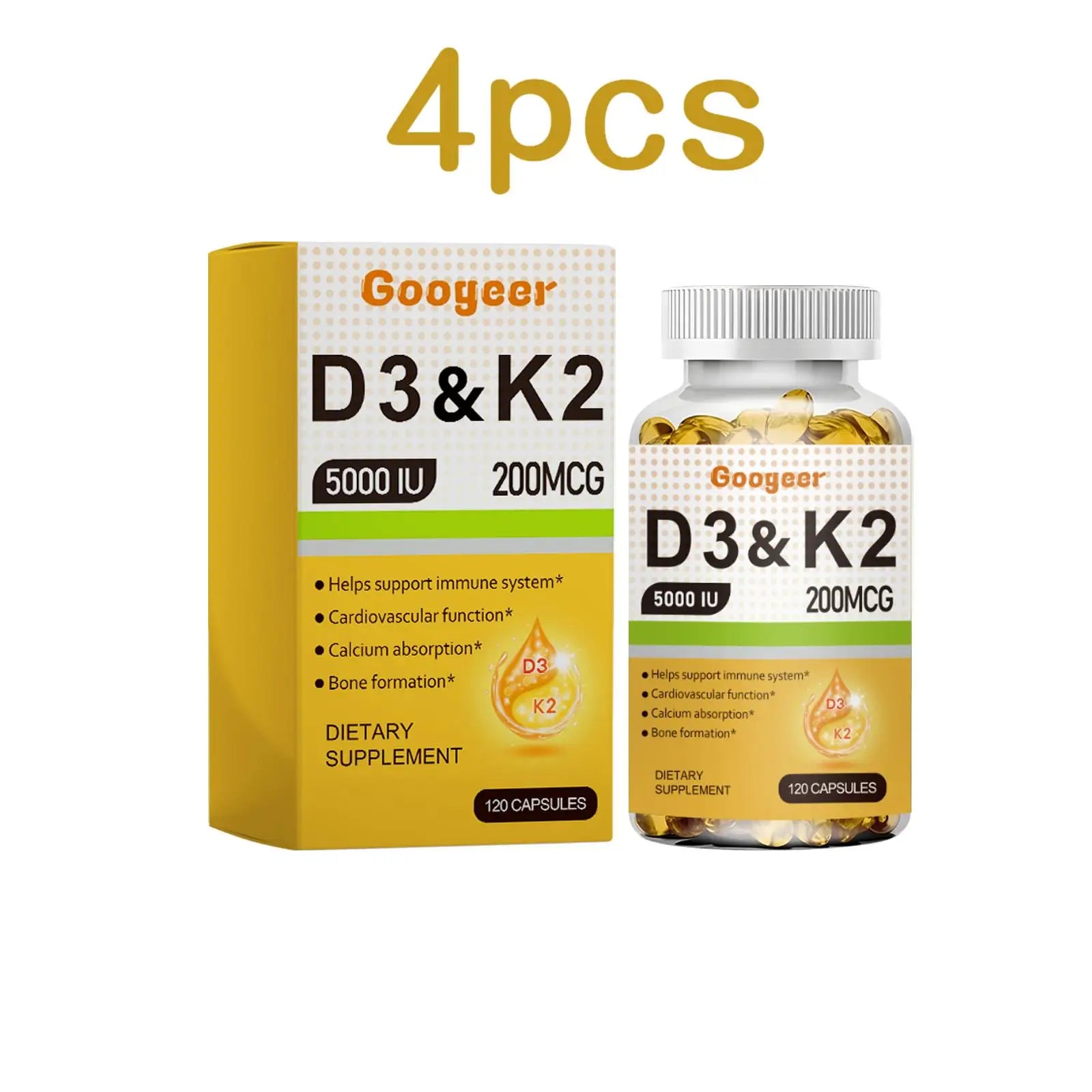 Googeer 120pcs Vitamin D3 K2 Gel Capsules Dietary Supplement For Immunity Relieve Fatigue Enhance Body Energy Vitamin Capsules