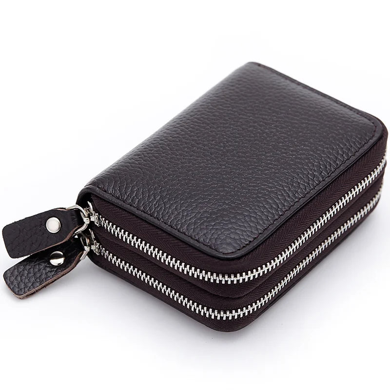 Genuine Leather Men & Women Mini Short Wallet Cow Leather Coin Purse Solid Card Holder Accordion Card Slots Double Zipper Pocket