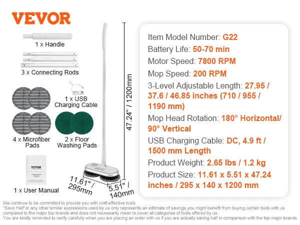 VEVOR Cordless Electric Mop Up to 40/70 mins Battery Electric Spin Mop with Dual Mop Heads for Hardwood/Tile Floor Cleaning