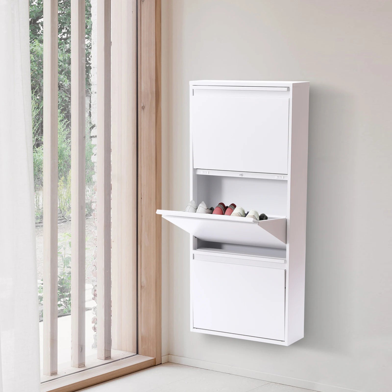 3-Tier Flip Shoe Storage Cabinet, Noiseless Soft Closing Dampers, Wall Mount/Freestanding, Metal Shoe Rack for Entryway/Hallway