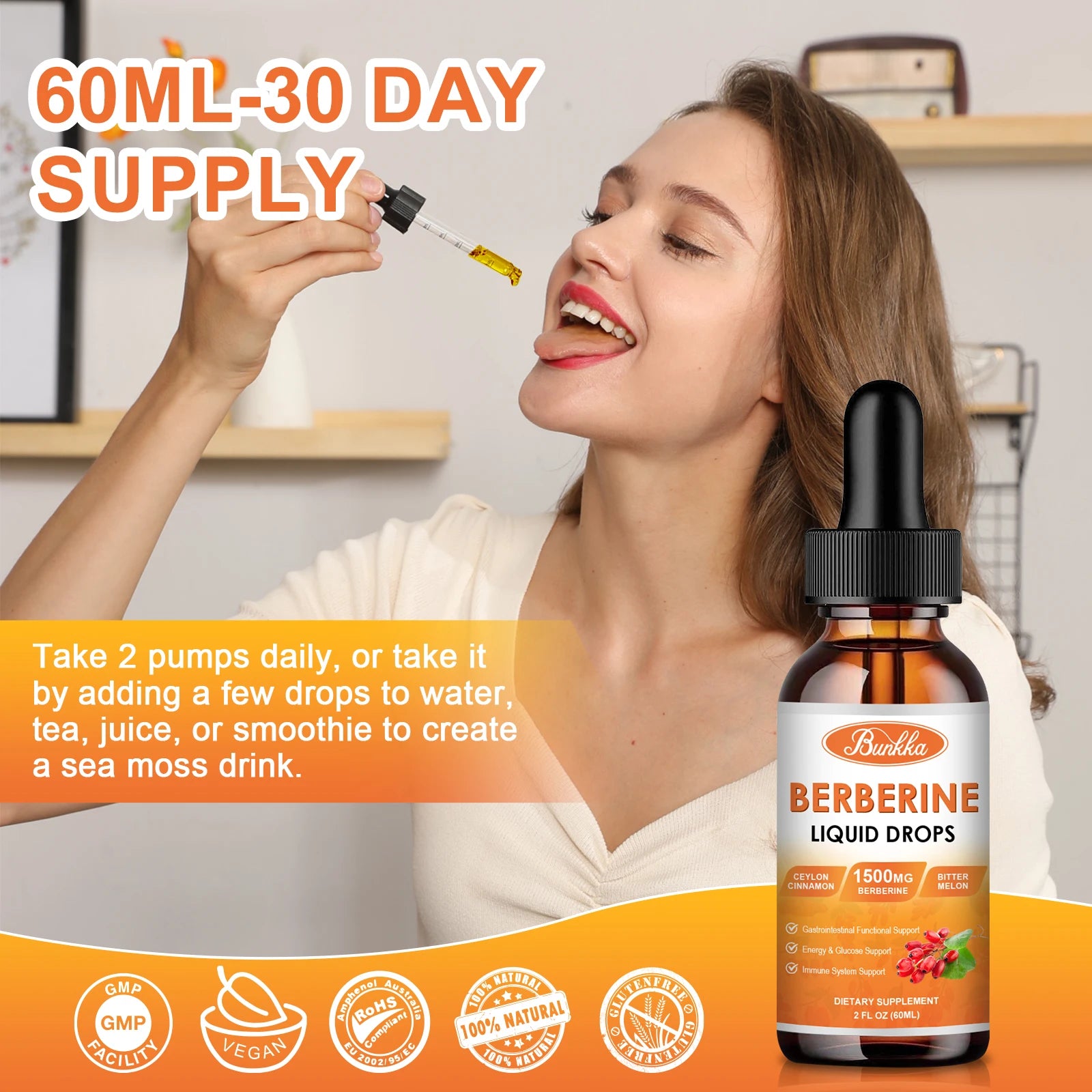 60ML Berberine Drop Contain Turmeric,Ceylon Cinnamon, Bitter Gourd, Piperine Digestive System, Immune Health Support-Vegetarian