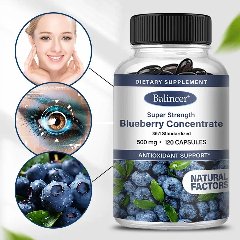 Blueberry Capsules - 500 Mg, Good for The Brain, Heart Health, Eye Care, Antioxidant, Promotes Smooth Skin- 120 Capsules