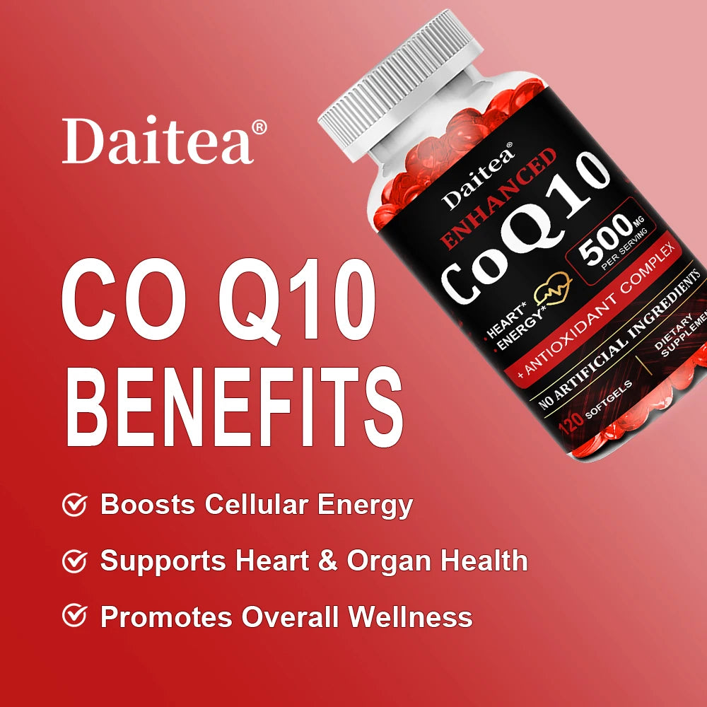 Daitea CoQ10 500mg, Supports Heart Health, Antioxidant, Energy Production, Coenzyme Q10 Dietary Supplement, 30/60/120 Capsules
