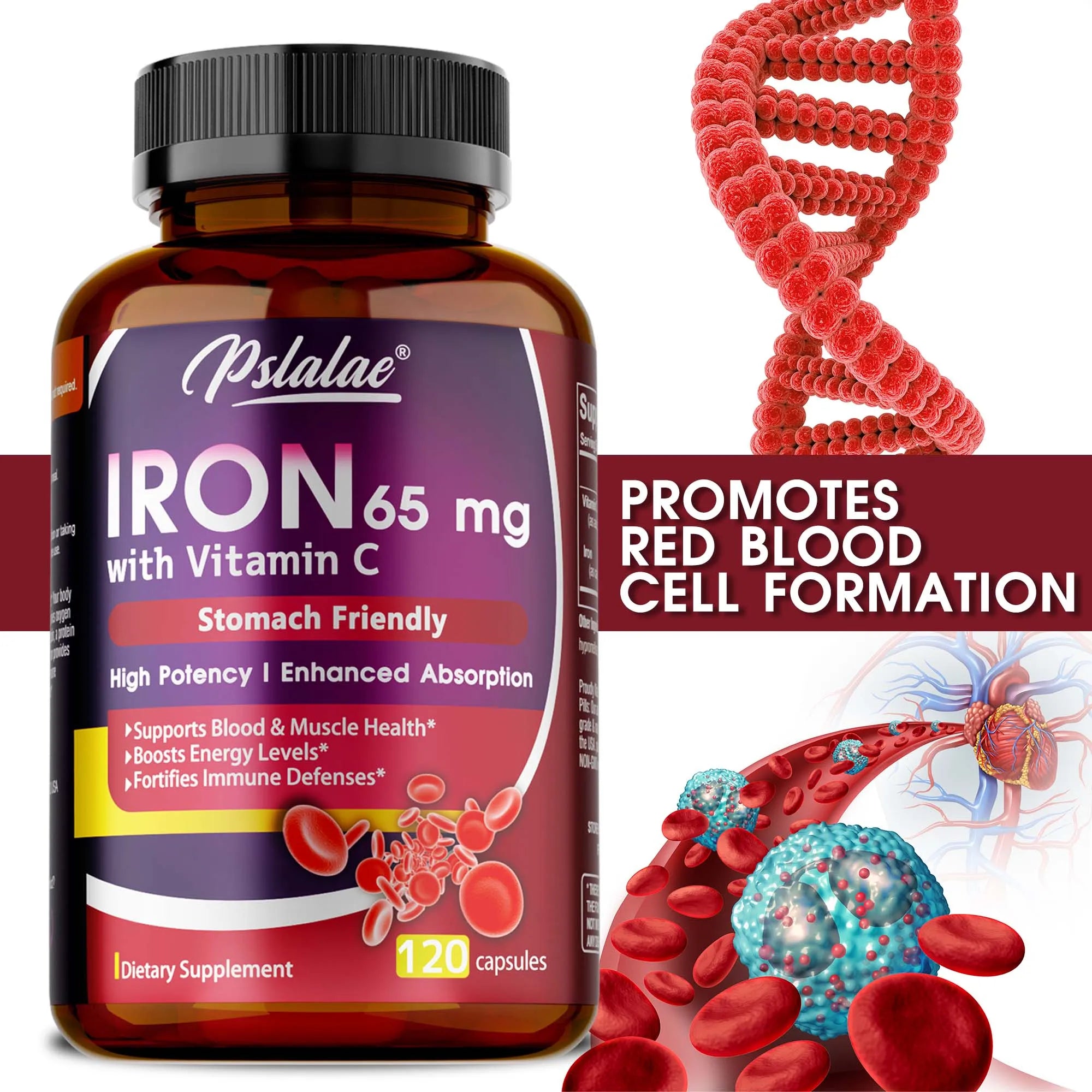 Iron Supplement 65 mg with Vitamin C - Maximized Absorption, Increase Energy,Maintain A Healthy Immune System and Brain Health
