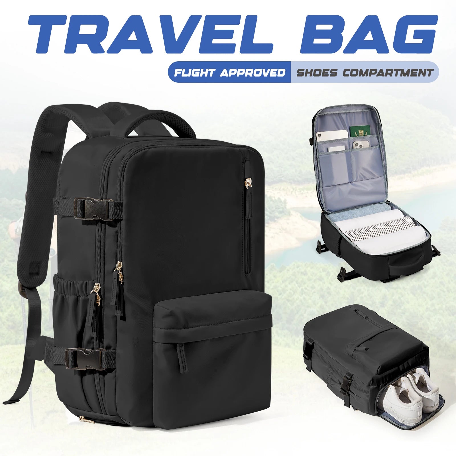 Waterproof Travel Backpack with Shoe Compartment Adjustable Straps, Laptop Backpack &School Bag for Men Women, Casual Travel Bag
