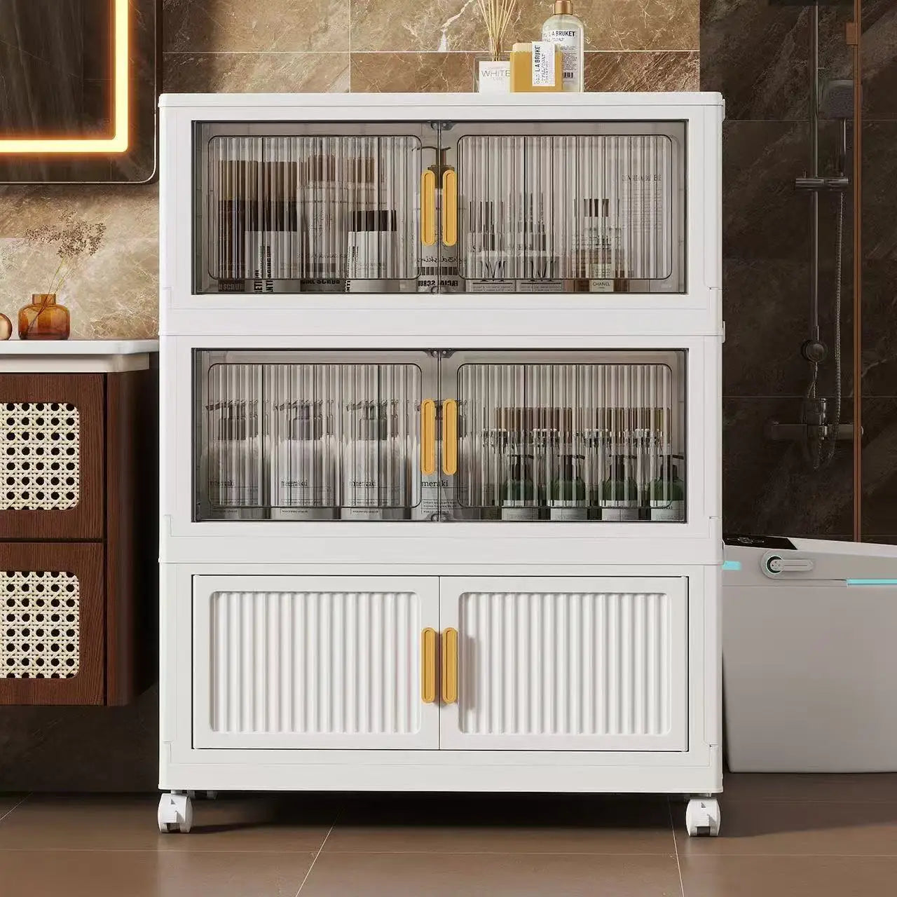 Oversized 3/4/5-Tier Foldable Storage w/ Wheels - No Assembly, Magnetic Doors, Clothes/Toys/Books - Living/Bedroom/Office
