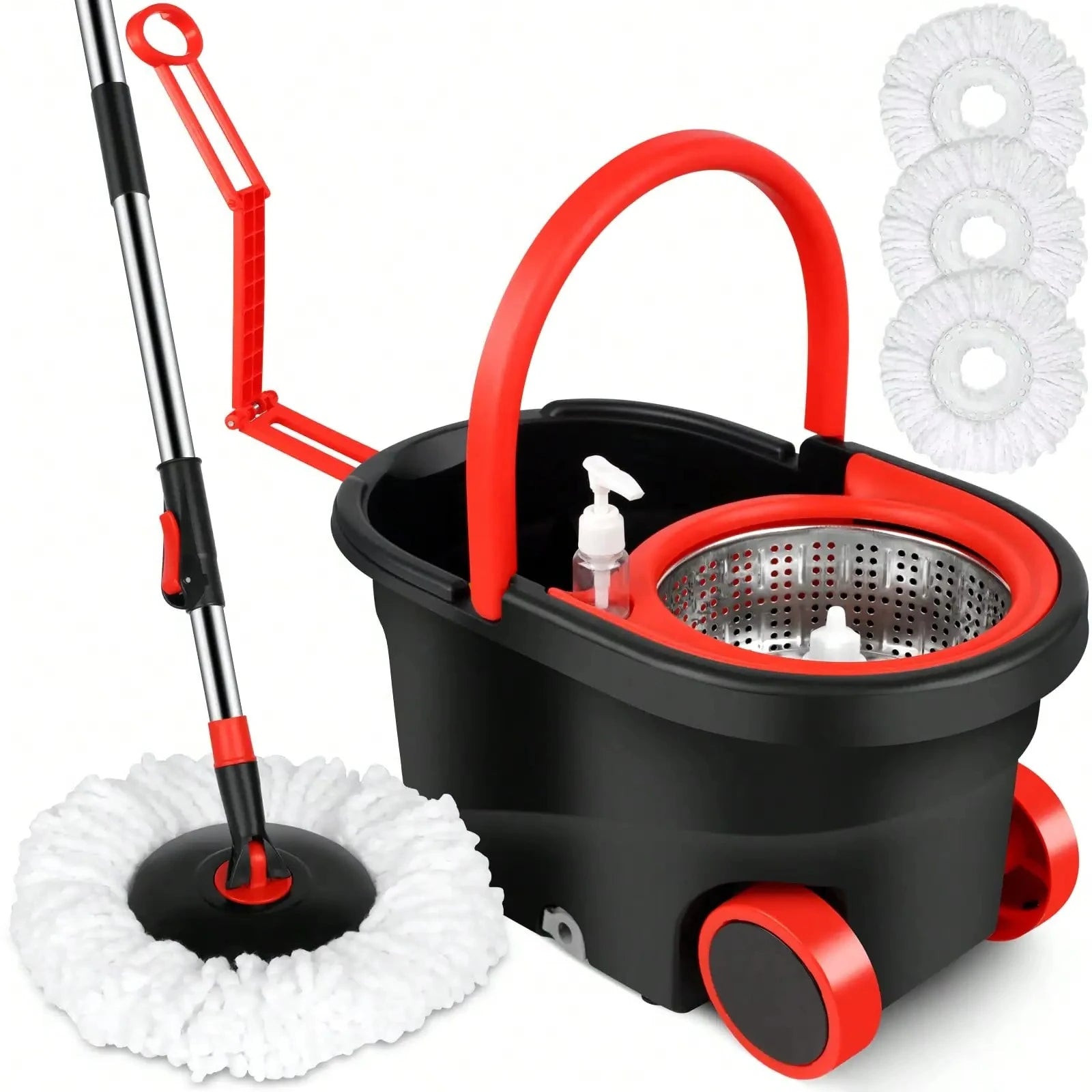 Heavy Duty Rolling Spin Mop Bucket Set with Wringer, 3 Microfiber Mop Heads, Adjustable Handle for Home Floor Cleaning”