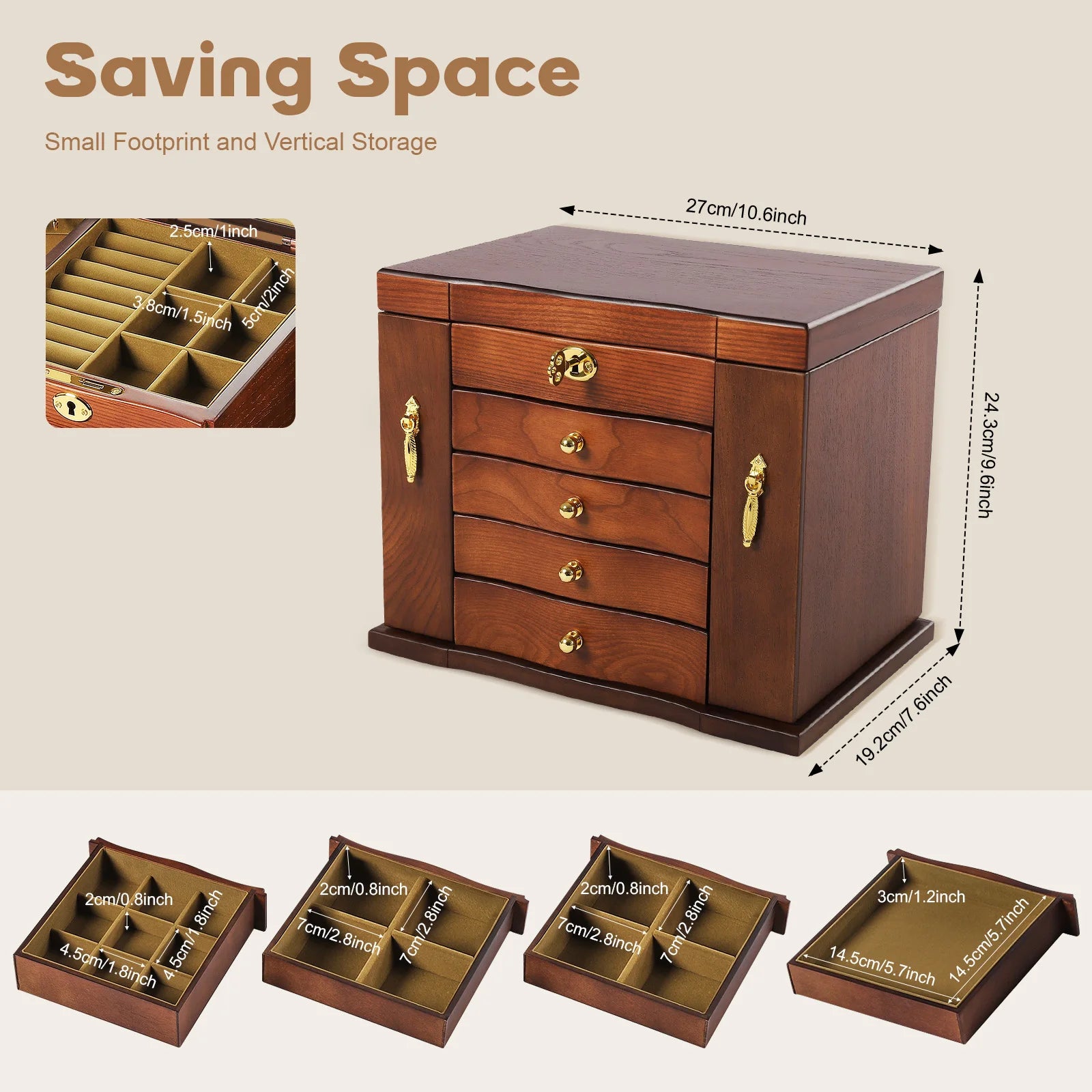 Wooden Jewelry Box Organizer Storage Luxury Multi Functional Jewelry Box with Lock Retro Drawer Style Display Packaging Supplies