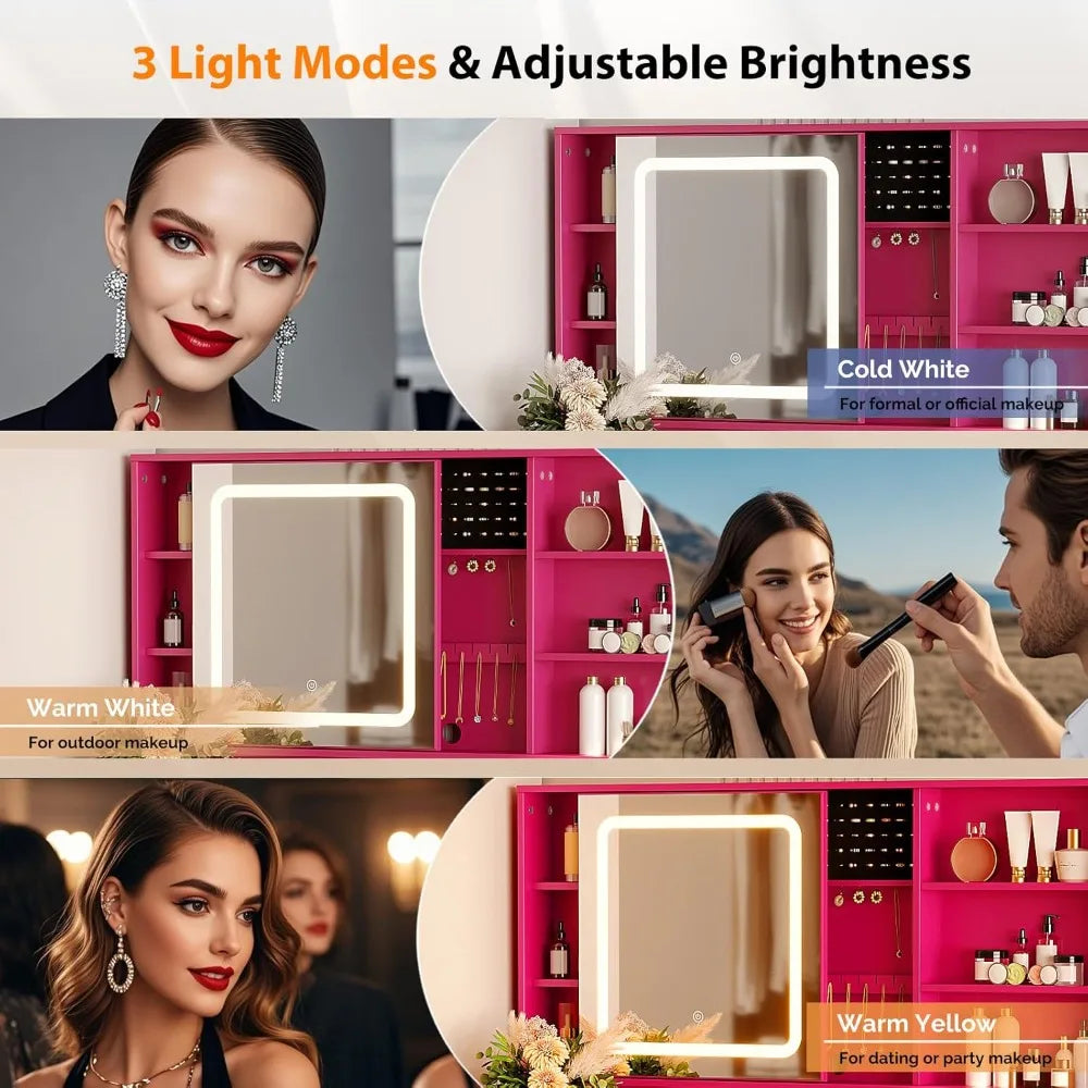 Vanity Desk with Sliding Mirror and Lights, Glass Top Makeup Vanity Table w/Glass Cabinets w/Hidden Jewelry Storage