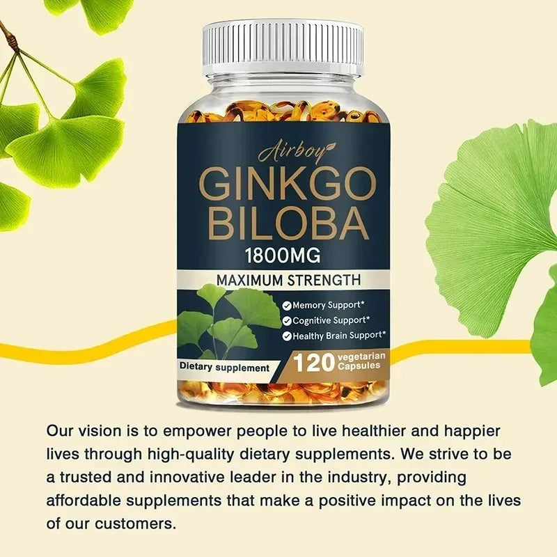 Ginkgo Biloba Capsules - Brain Health Supplement That Helps Blood Circulation, Metabolism and Energy Levels