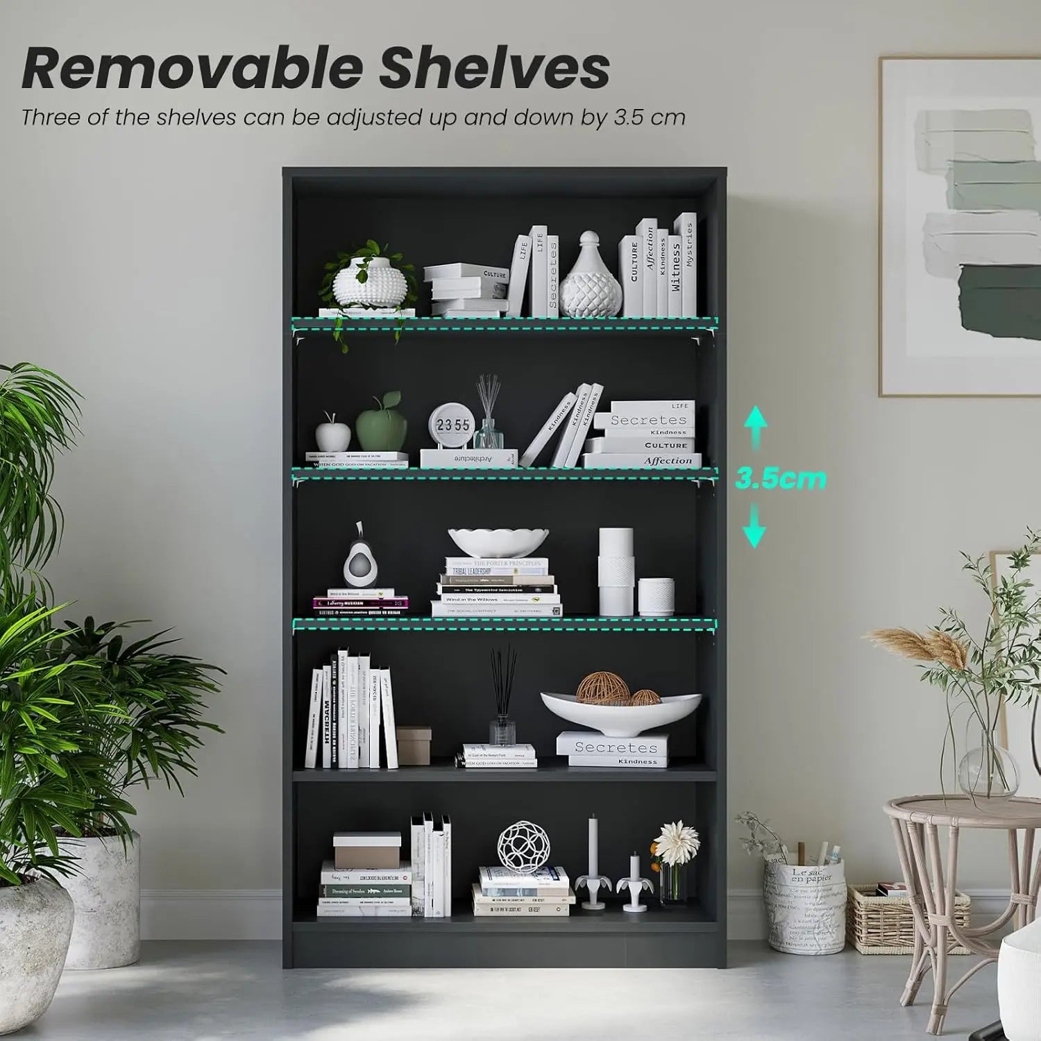 60 Inch Tall Bookcase,5 Shelf Bookshelves,Adjustable Bookshelf for Home Office,Black, Customized