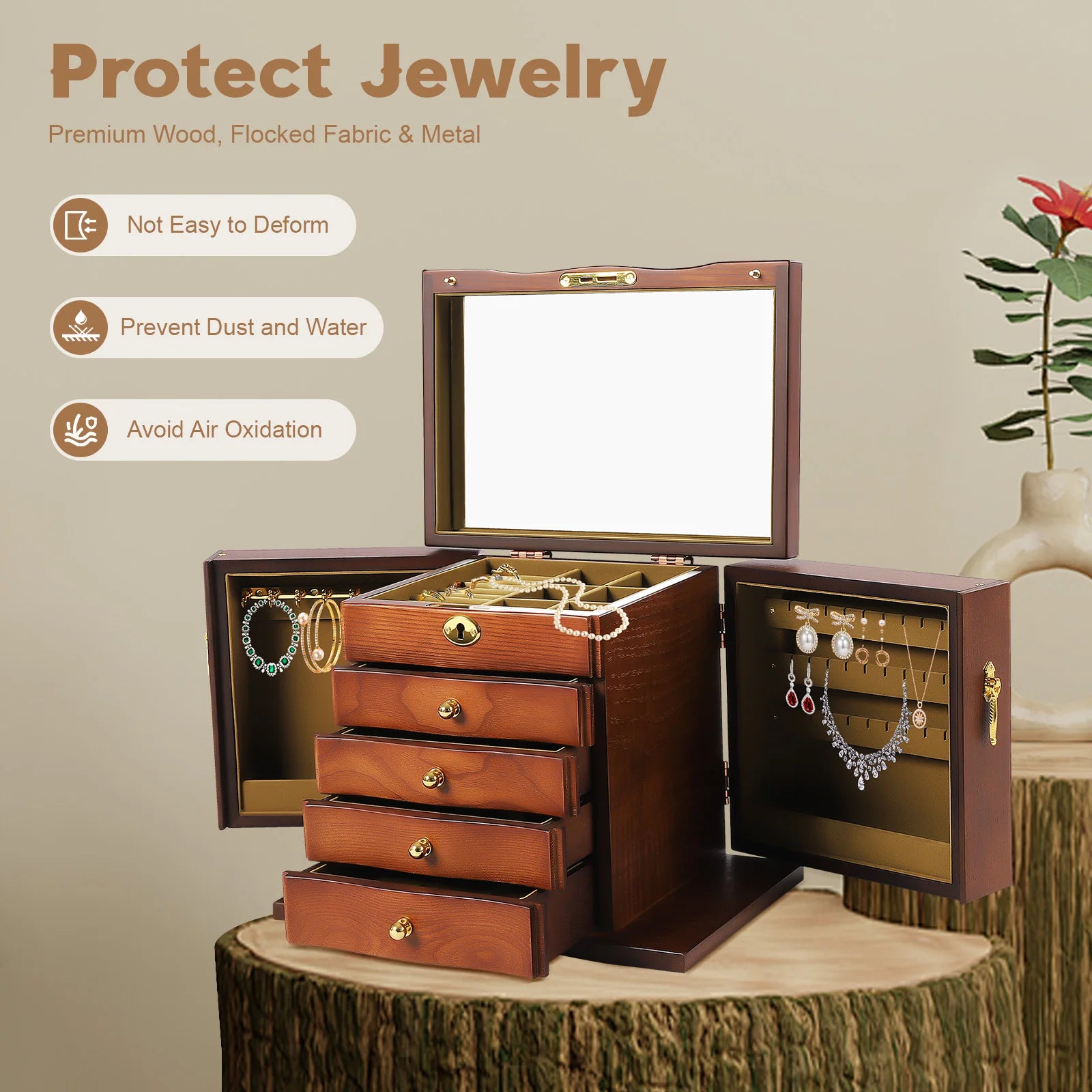 Wooden Jewelry Box Organizer Storage Luxury Multi Functional Jewelry Box with Lock Retro Drawer Style Display Packaging Supplies