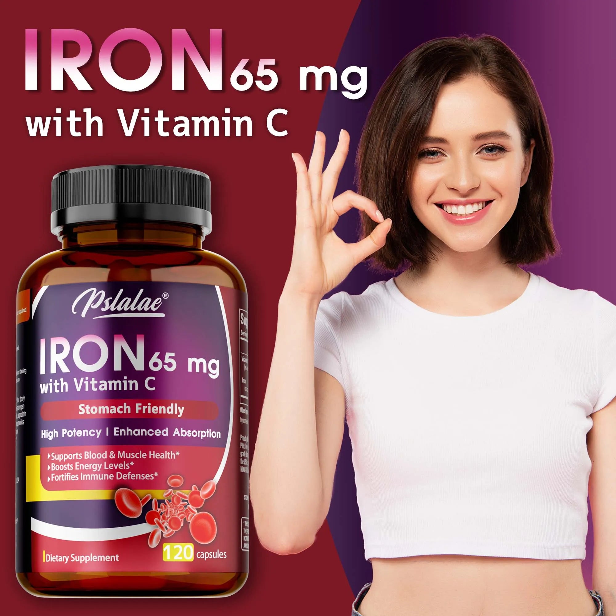 Iron Supplement 65 mg with Vitamin C - Maximized Absorption, Increase Energy,Maintain A Healthy Immune System and Brain Health