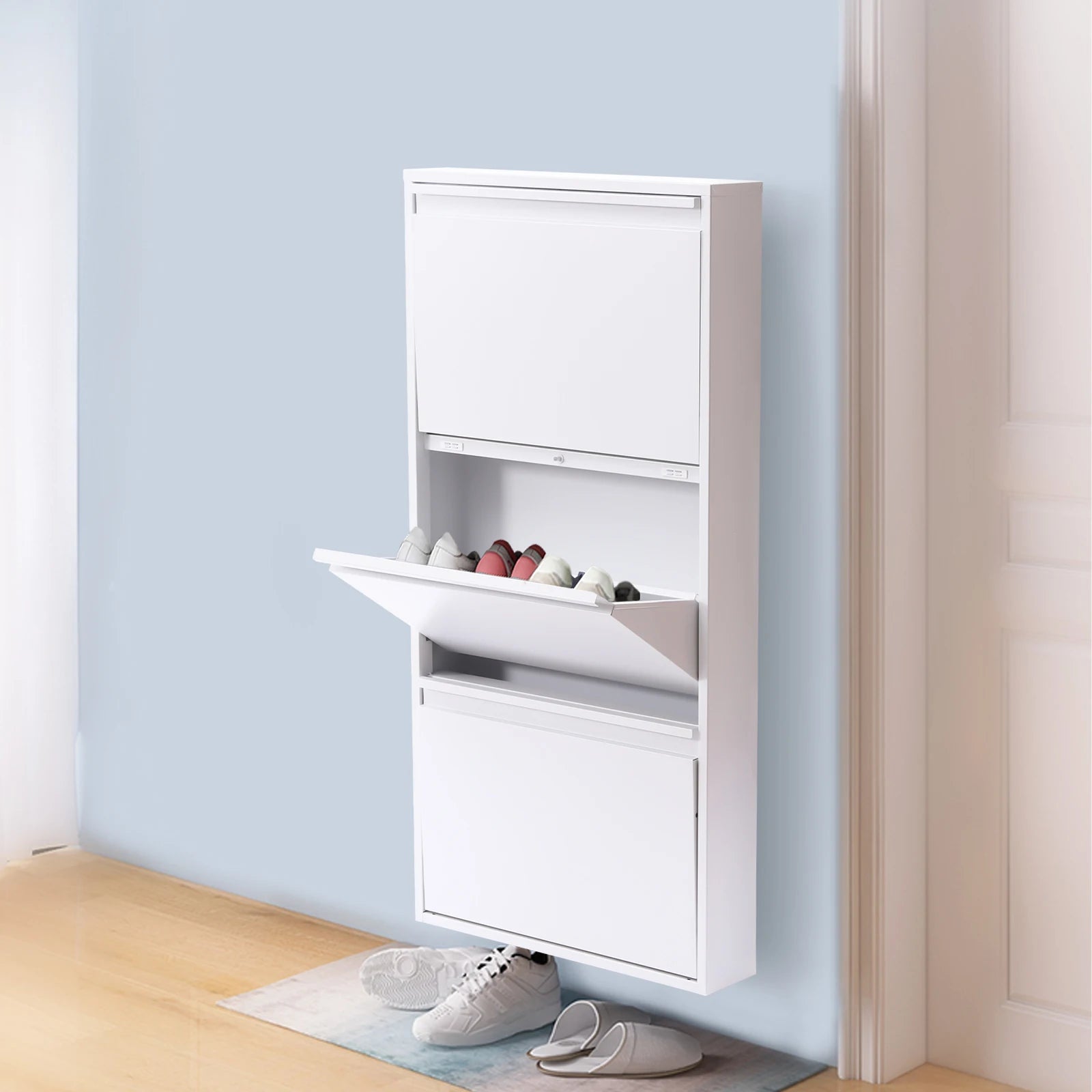 3-Tier Flip Shoe Storage Cabinet, Noiseless Soft Closing Dampers, Wall Mount/Freestanding, Metal Shoe Rack for Entryway/Hallway