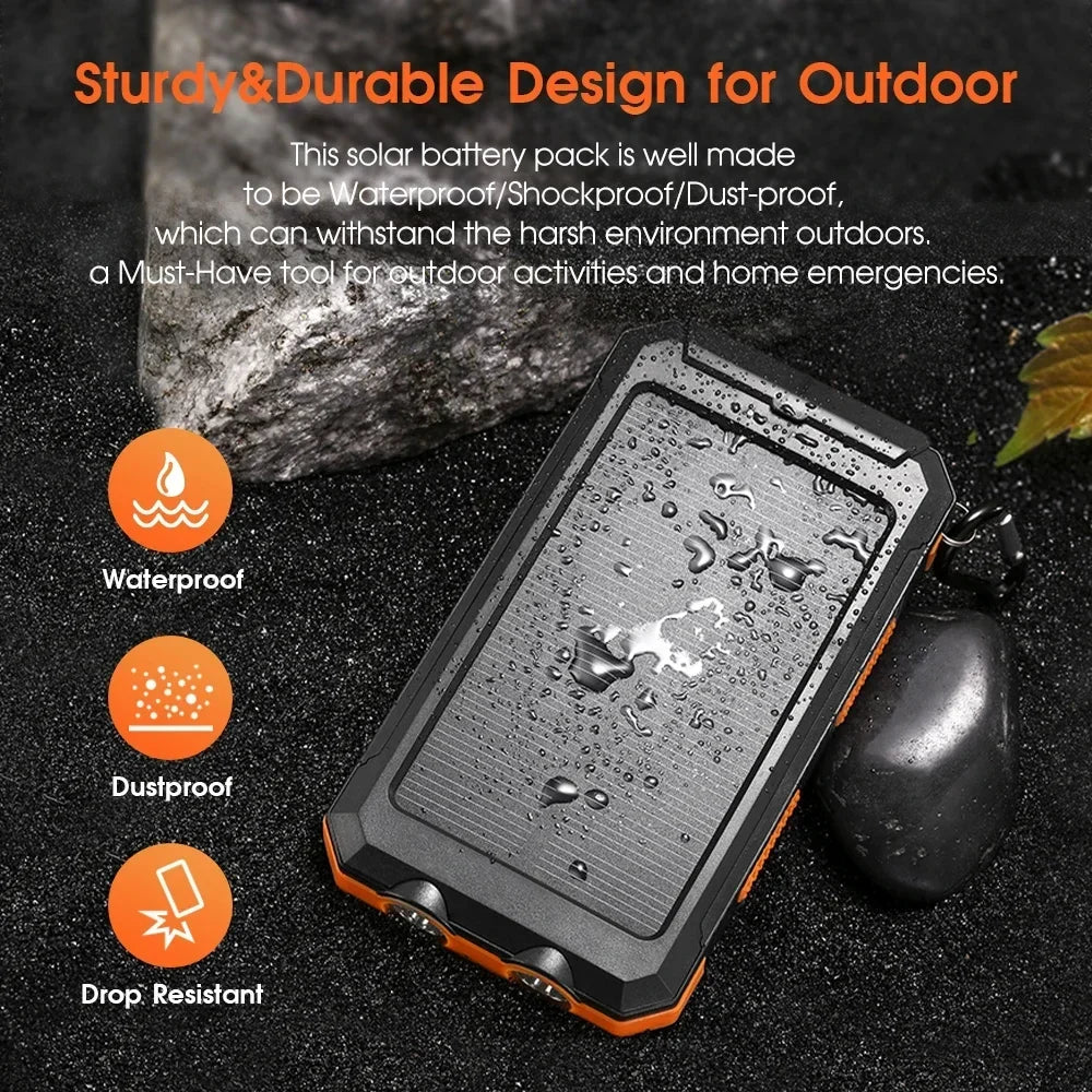 Solar Power Bank Portable Solar Charger Waterproof Dual 5V USB Ports 2 LED Light Flashlight For Cell IPhone Outdoor