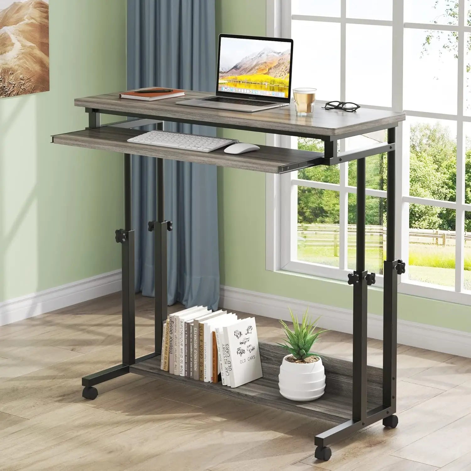 Portable Desk for Sofa and Bed,Height Adjustable Laptop Table,Rolling Computer Cart with Keyboard Tray on Wheels for Home Office
