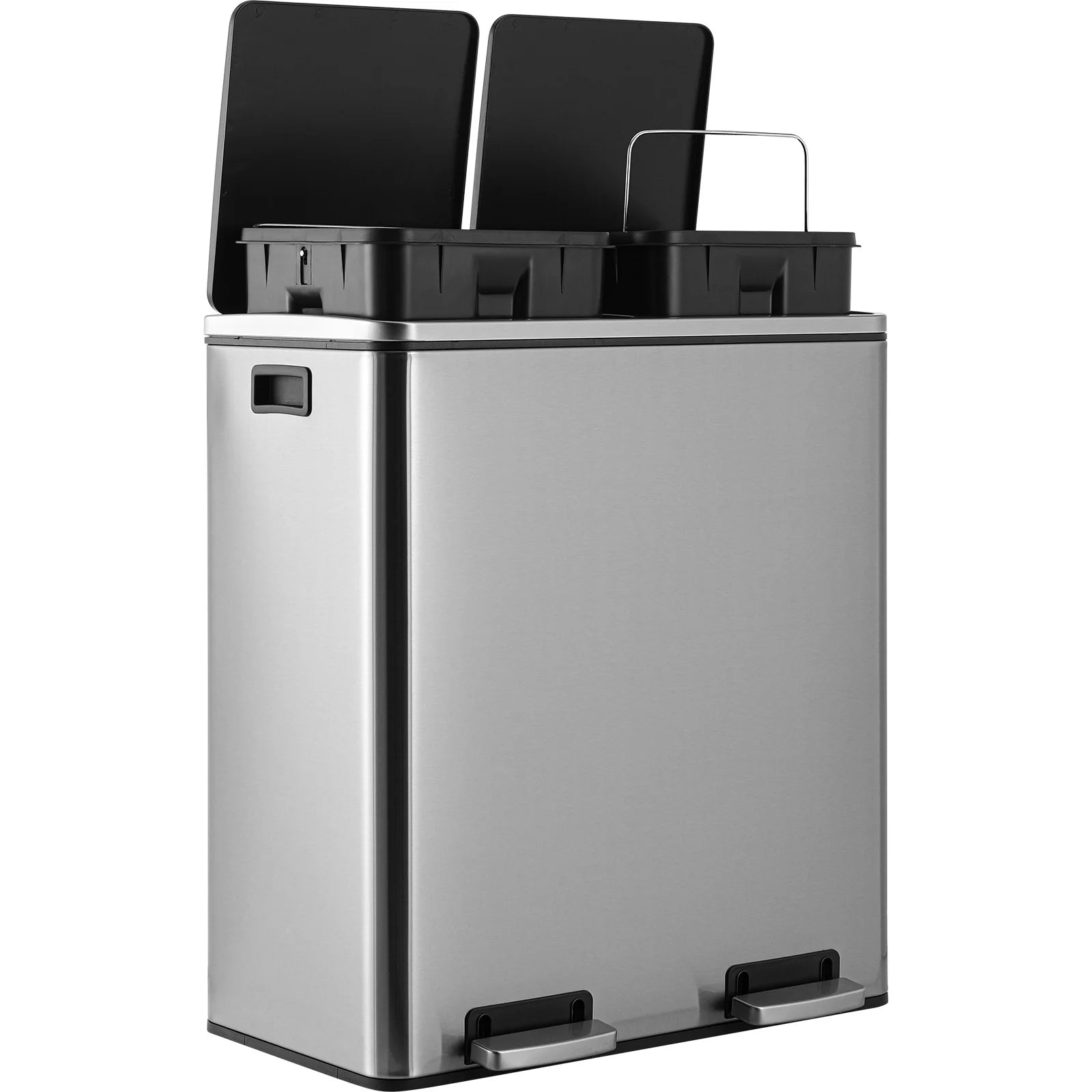 AOOU 16 Gallon Stainless Steel Trash Can, 60L Dual Compartment, Metal Kitchen Step Recycle Bin, Metal Double Dustbin, in-Home