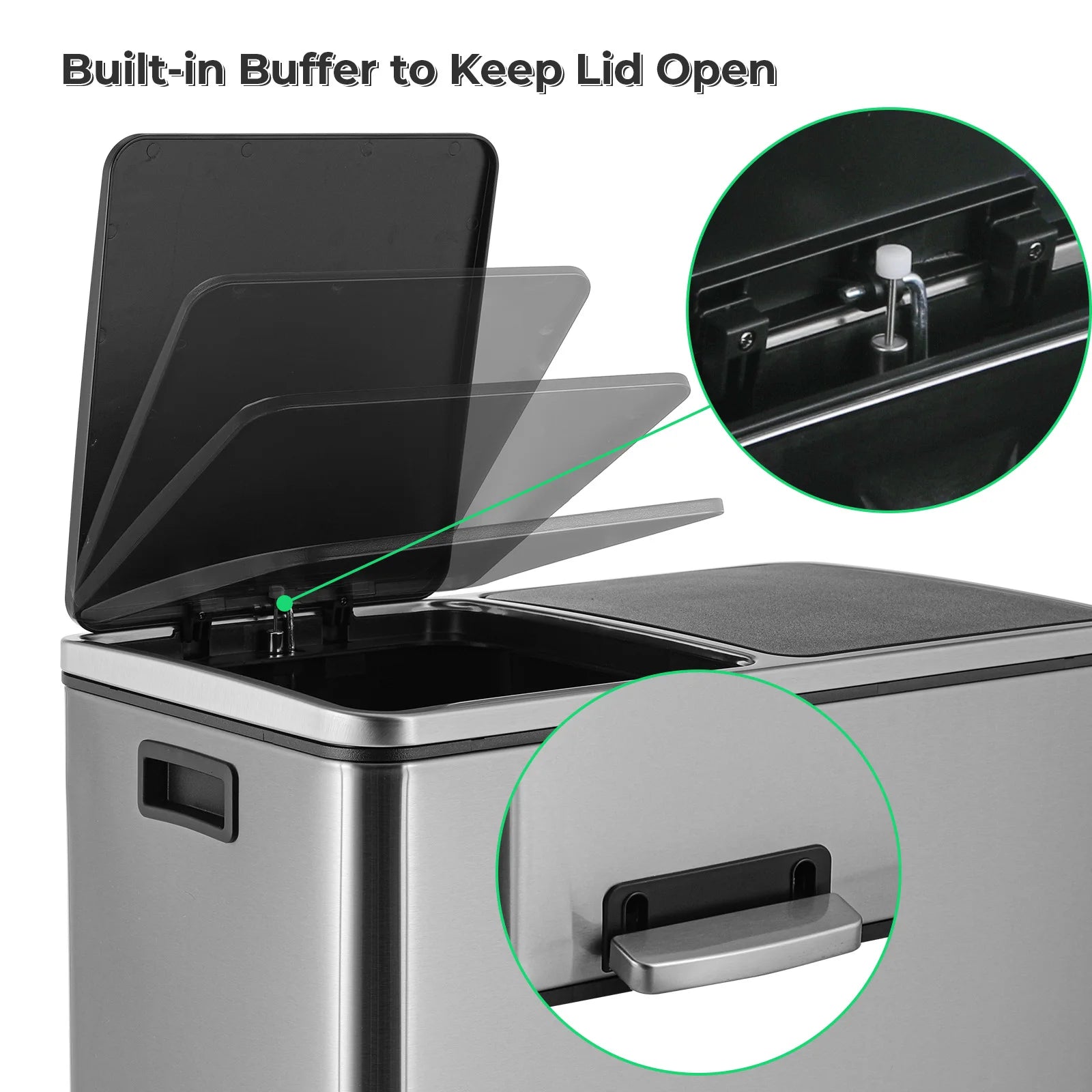 AOOU 16 Gallon Stainless Steel Trash Can, 60L Dual Compartment, Metal Kitchen Step Recycle Bin, Metal Double Dustbin, in-Home