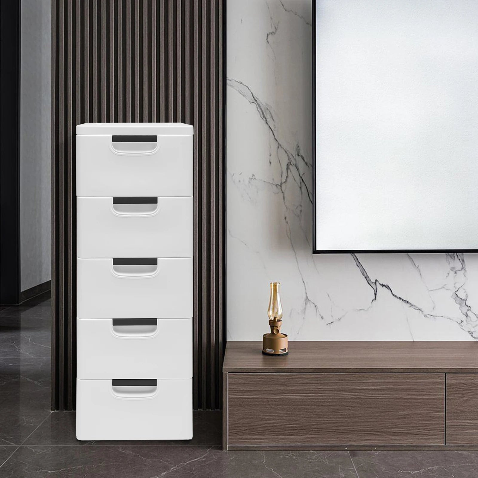 Plastic Drawers Dresser Storage Cabinet w/ Wheels,5 Drawer Stackable Vertical Clothes Storage Tower,Organizer Unit for Bathroom