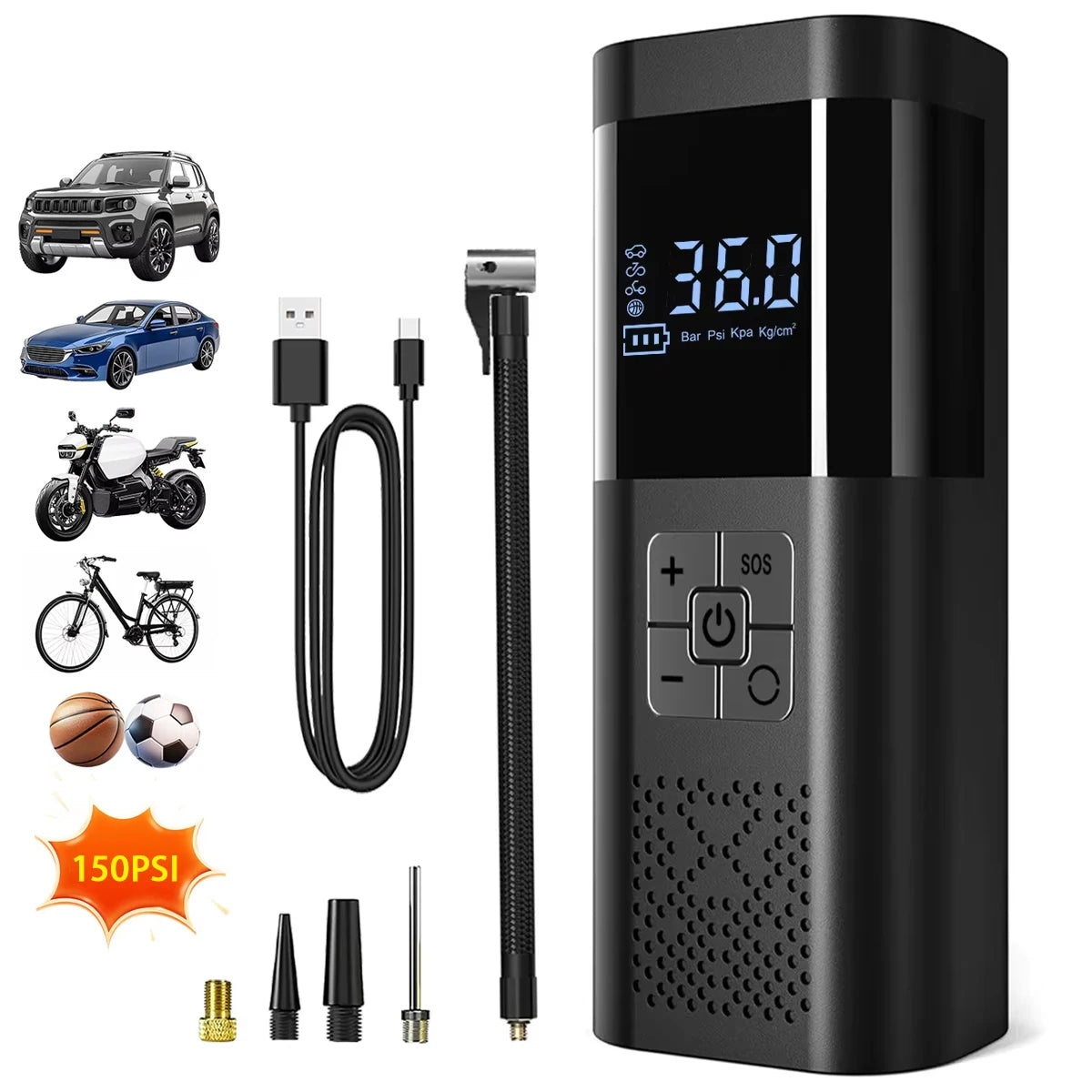Cordless Tire Inflator 150PSI Portable Air Compressor LED Display