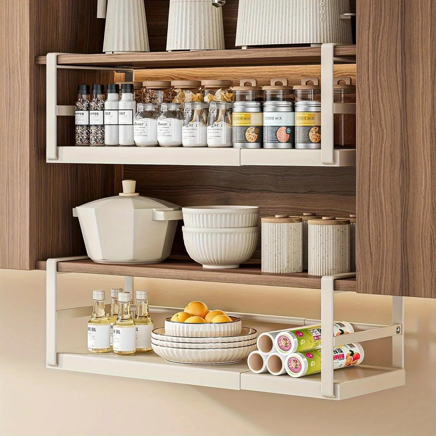 Hanging Under Shelf Storage Basket, Adjustable Width Under Cabinet Add-on Storage Racks, Heavy Duty Slide-in Baskets Organizer