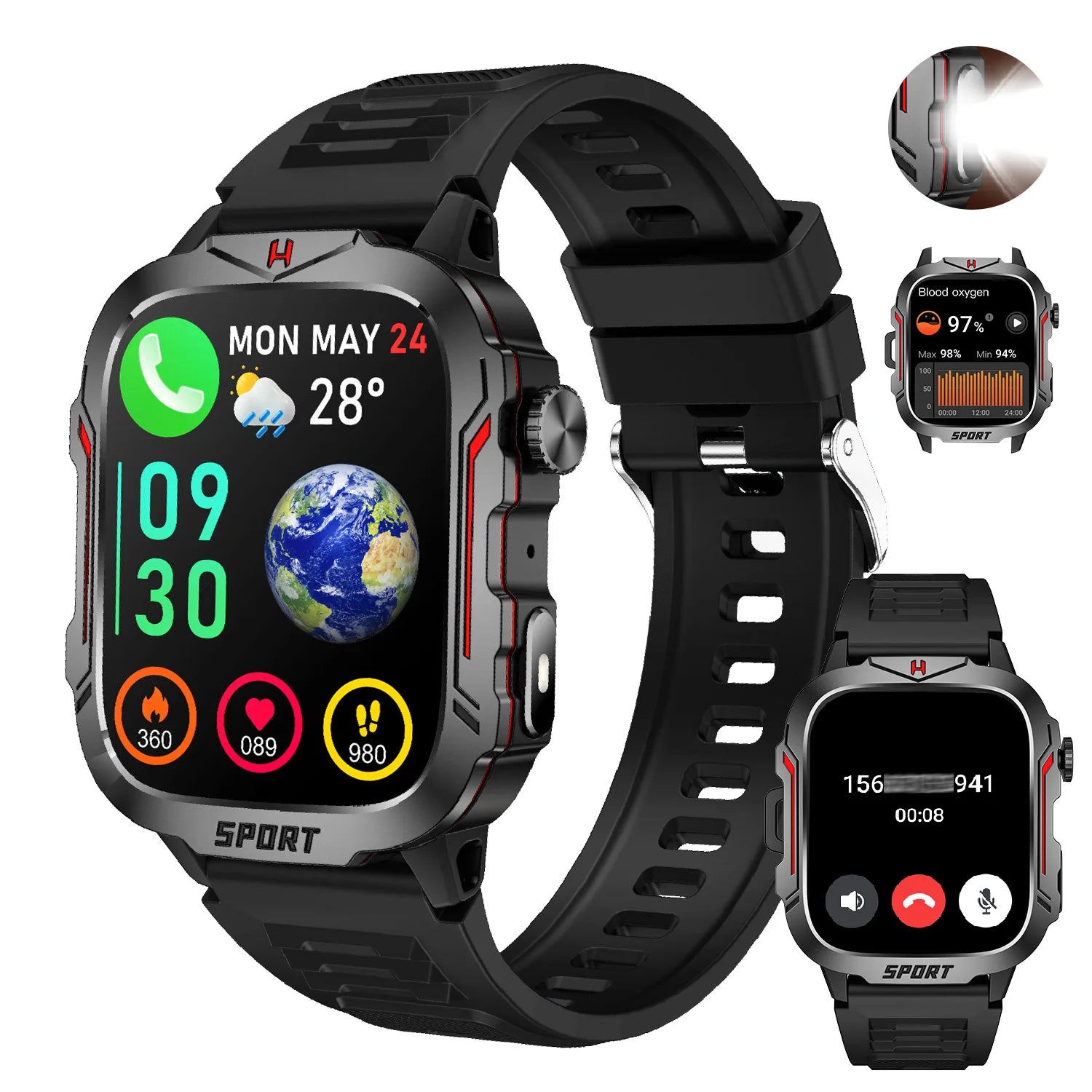 Flashlight Smart Watch for Men/Women, 1.96&
