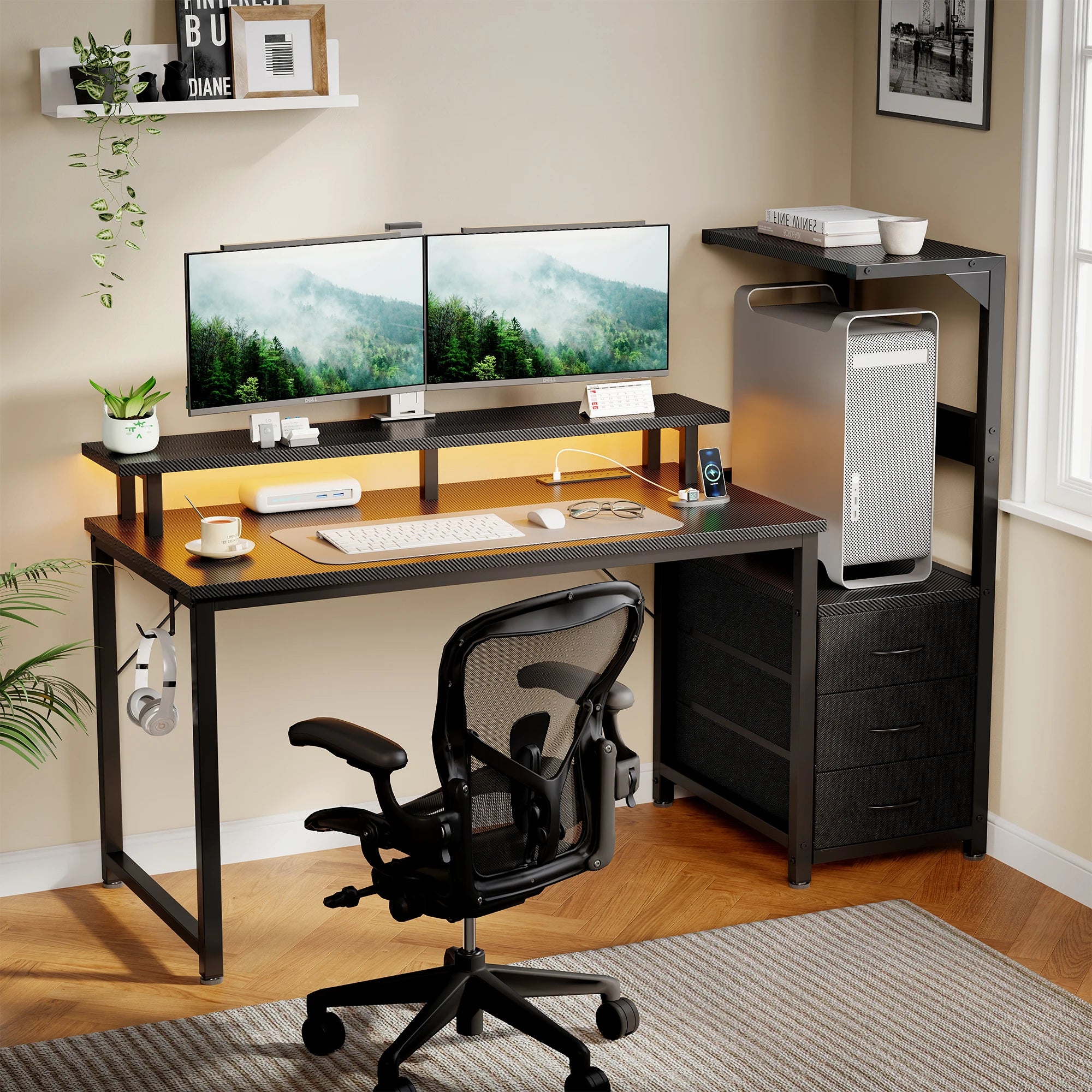 JHK 52In to 59In Gaming Desk with 3 Storage Drawers Wood Office Computer Desks with LED Lights Power Outlets for Office Bedroom