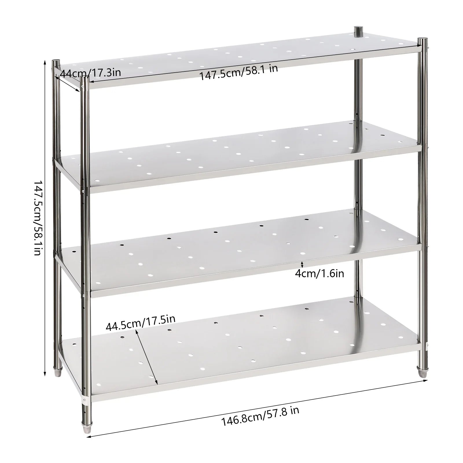 Stainless Steel Shelving, 4 Tier Adjustable Shelf Storage Heavy Duty Shelving Heightened Bottom for Storing and Displaying Goods