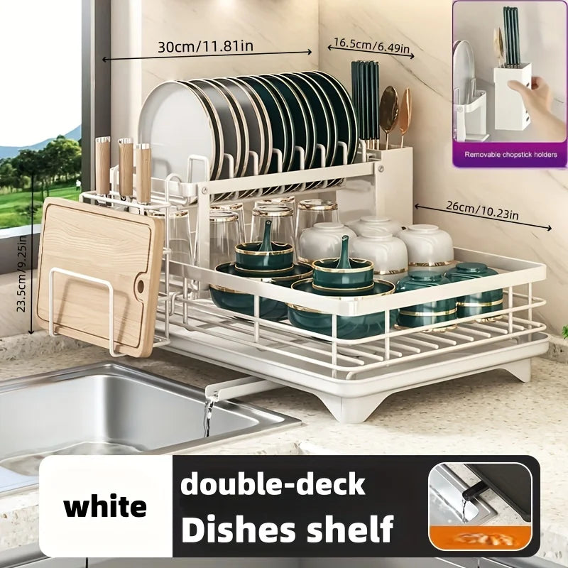 2-Layer Elevated Capacity Drain Rack with Water Tray Rust-Proof Dish Organizer for 4-6 Family Home Commercial Kitchens