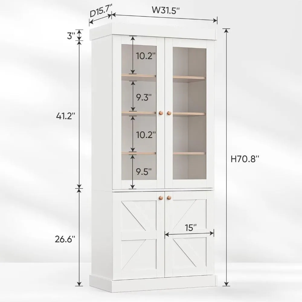 71" high rustic white farmhouse kitchen pantry cabinet with glass doors & adjustable shelves