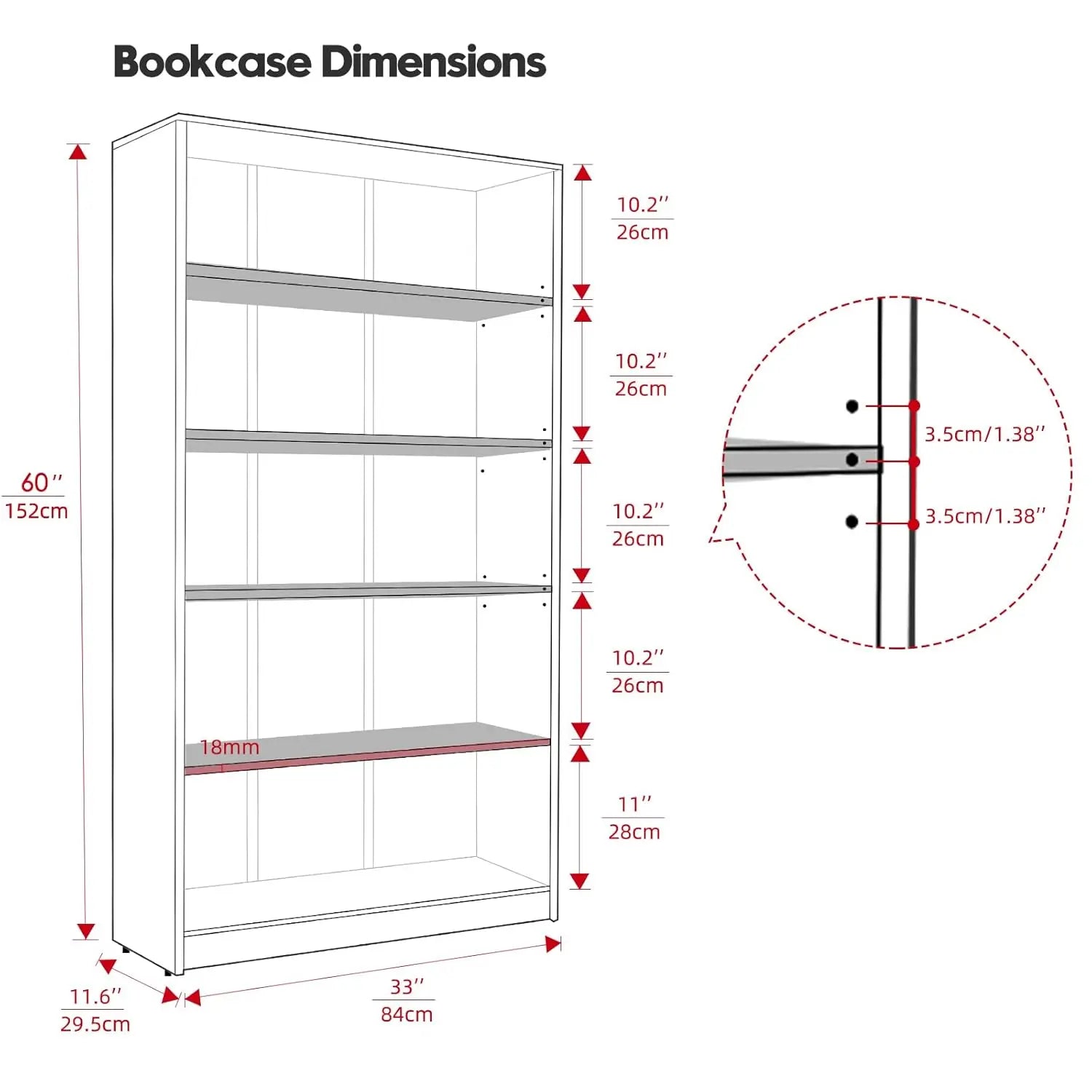 60 Inch Tall Bookcase,5 Shelf Bookshelves,Adjustable Bookshelf for Home Office,Black, Customized