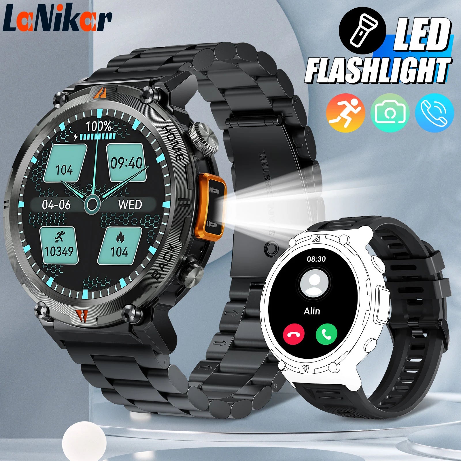 LaNikar 2025 KE3 Bluetooth Call Smart Watch Men Full Touch Screen Health Monitor With steel ring Men SmartWatch For IOS Android