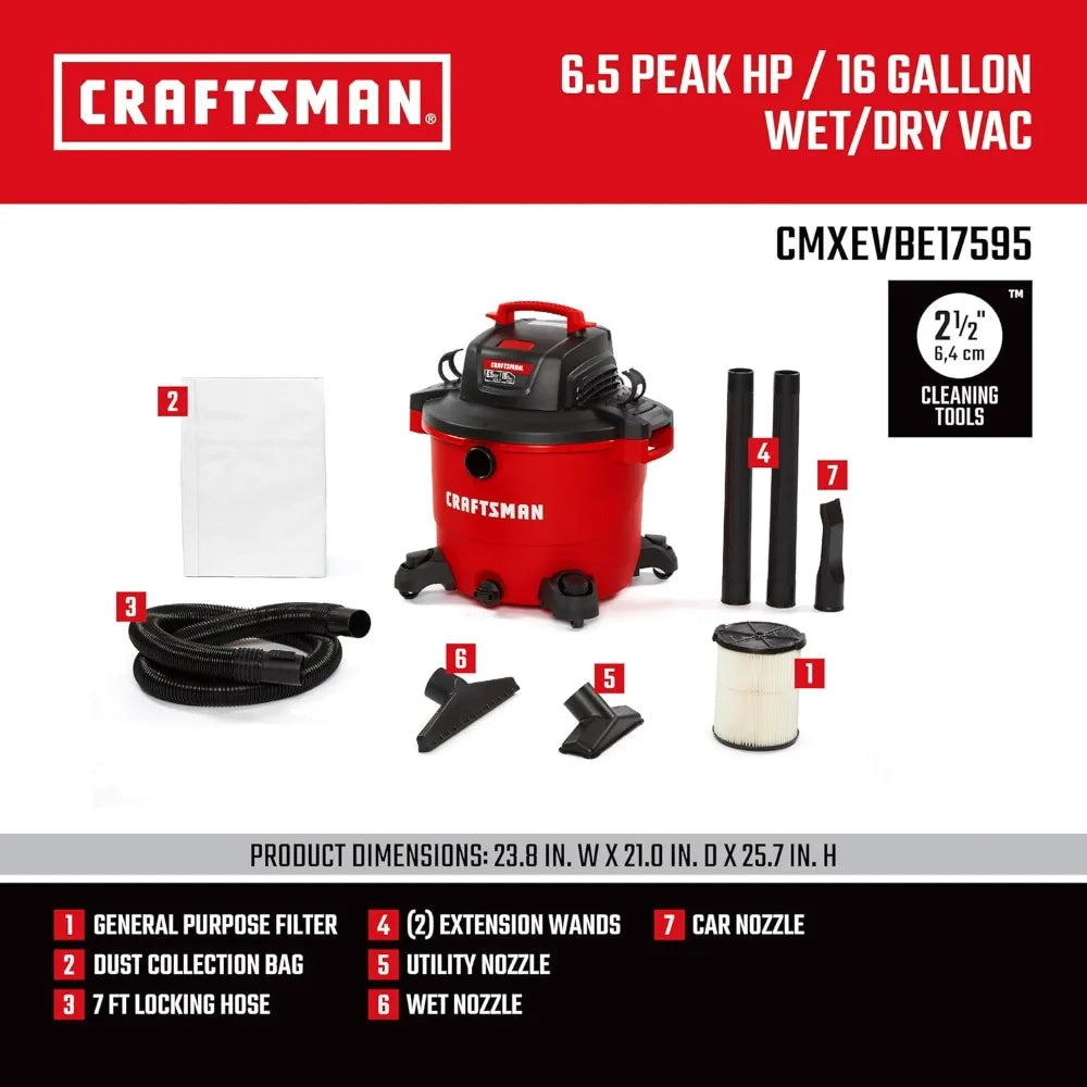 Heavy-Duty 16-Gallon Wet/Dry Shop Vacuum with 6.5 HP Peak Power and Accessories by Craftsman CMXEVBE17595
