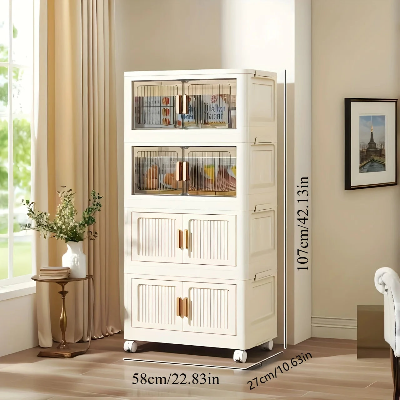 Oversized 3/4/5-Tier Foldable Storage w/ Wheels - No Assembly, Magnetic Doors, Clothes/Toys/Books - Living/Bedroom/Office