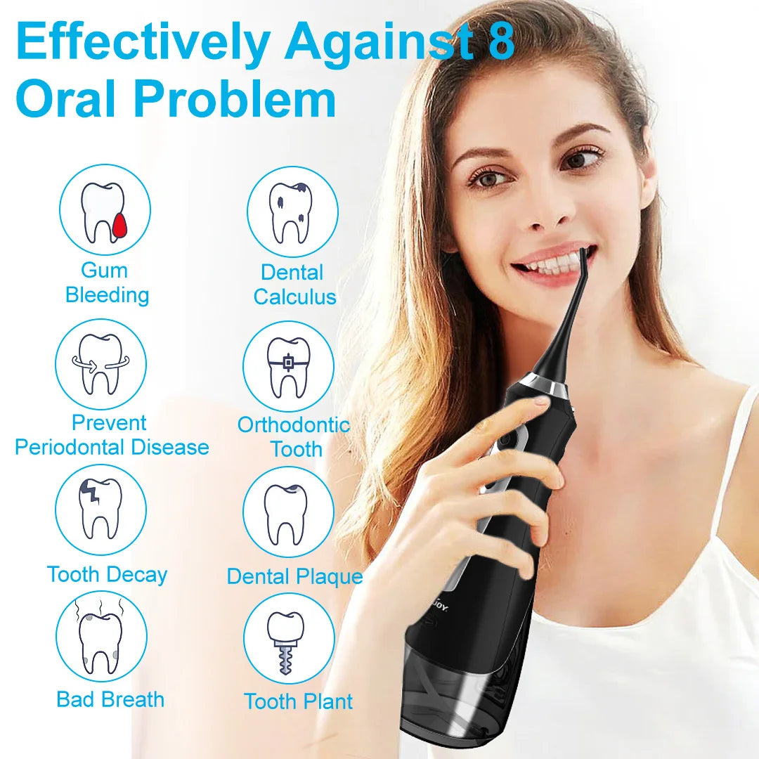 SEJOY Portable Electric Water Flosser Irrigator Dental Teeth Whitening strips 230ML Tank 5 Modes 5 Jet Tips For Home Travel