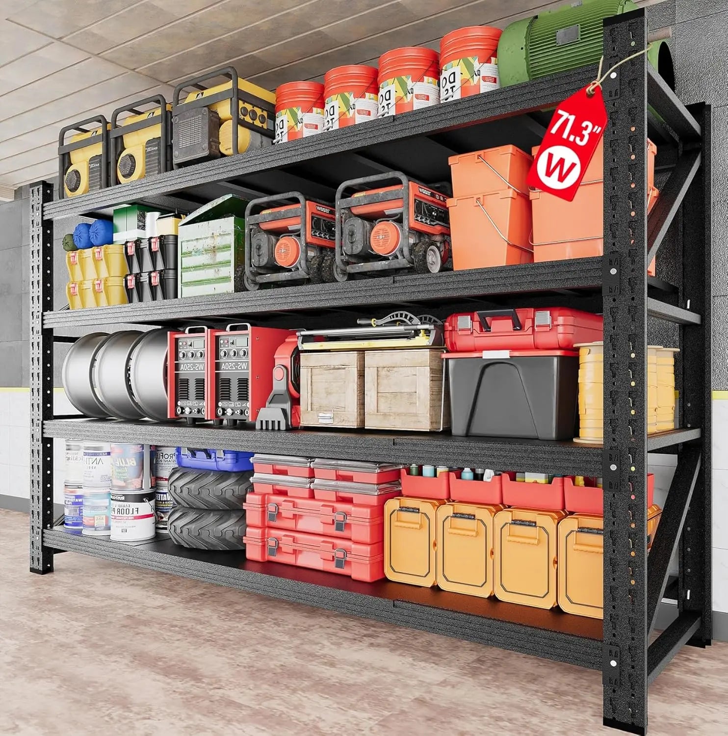 71.3" Wide Heavy Duty Garage Shelving Units,5000LBS Deep Storage Shelves,Black Metal Garage Shelves,Steel, Customized