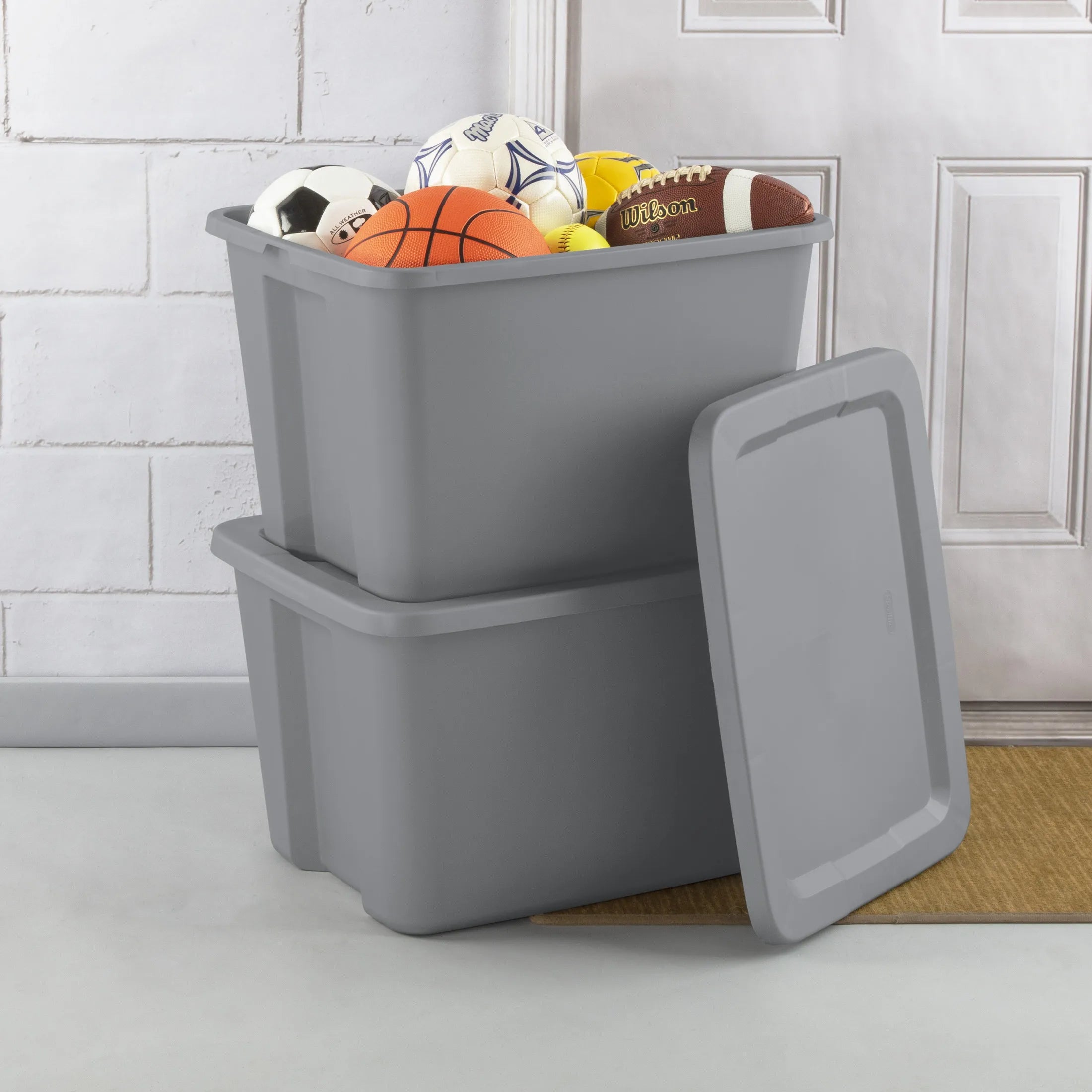 Large Storage Bin, 18 Gallon Plastic Storage Container with Snap-On Lid, Gray, 8 Count