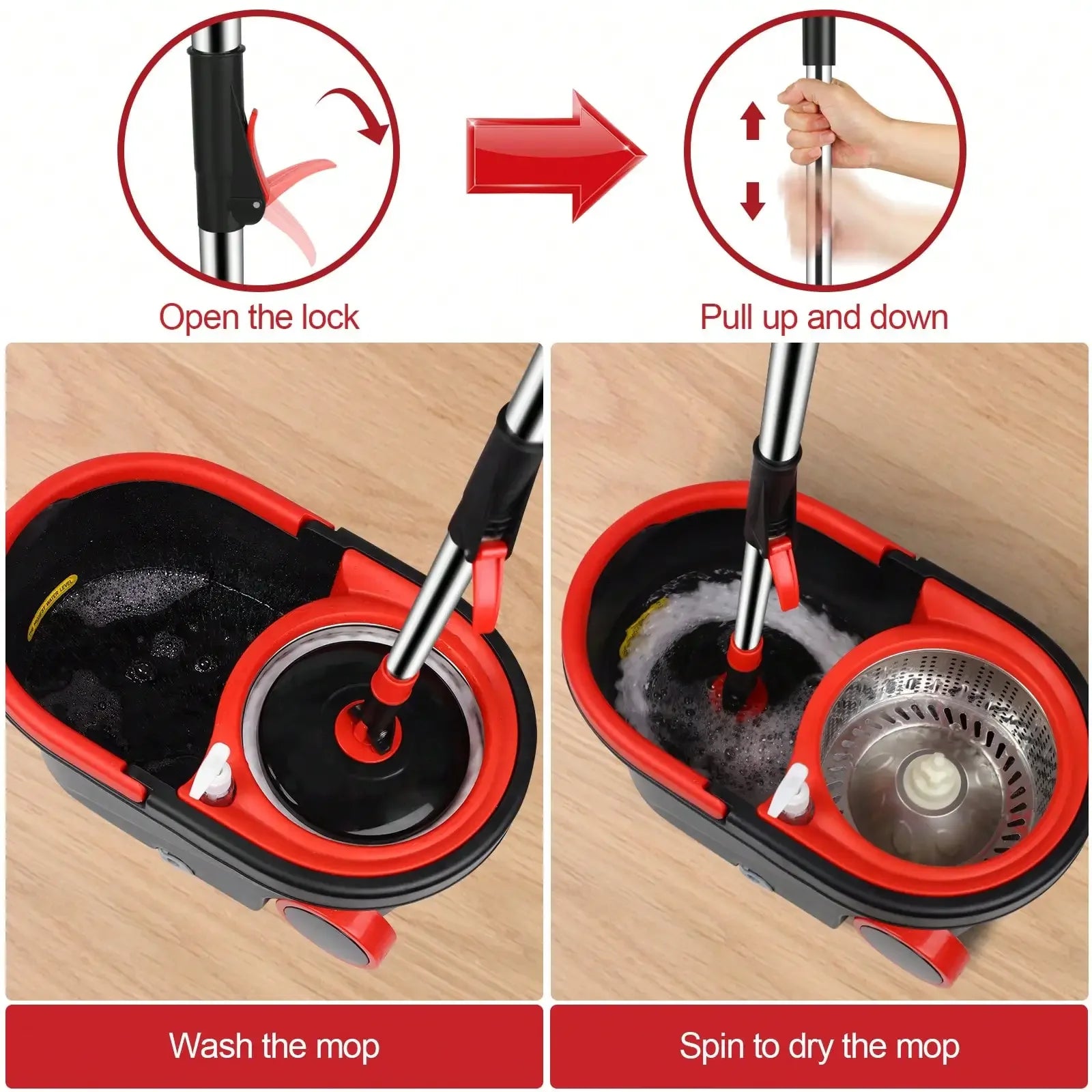 Heavy Duty Rolling Spin Mop Bucket Set with Wringer, 3 Microfiber Mop Heads, Adjustable Handle for Home Floor Cleaning”