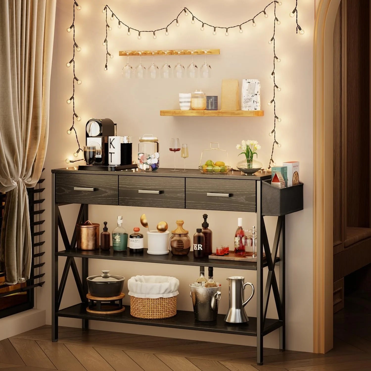 47" Console Table with 3 Drawers, Industrial Entryway Table with 3 Tier Storage Shelves, Narrow Long Sofa Table for Entry Way