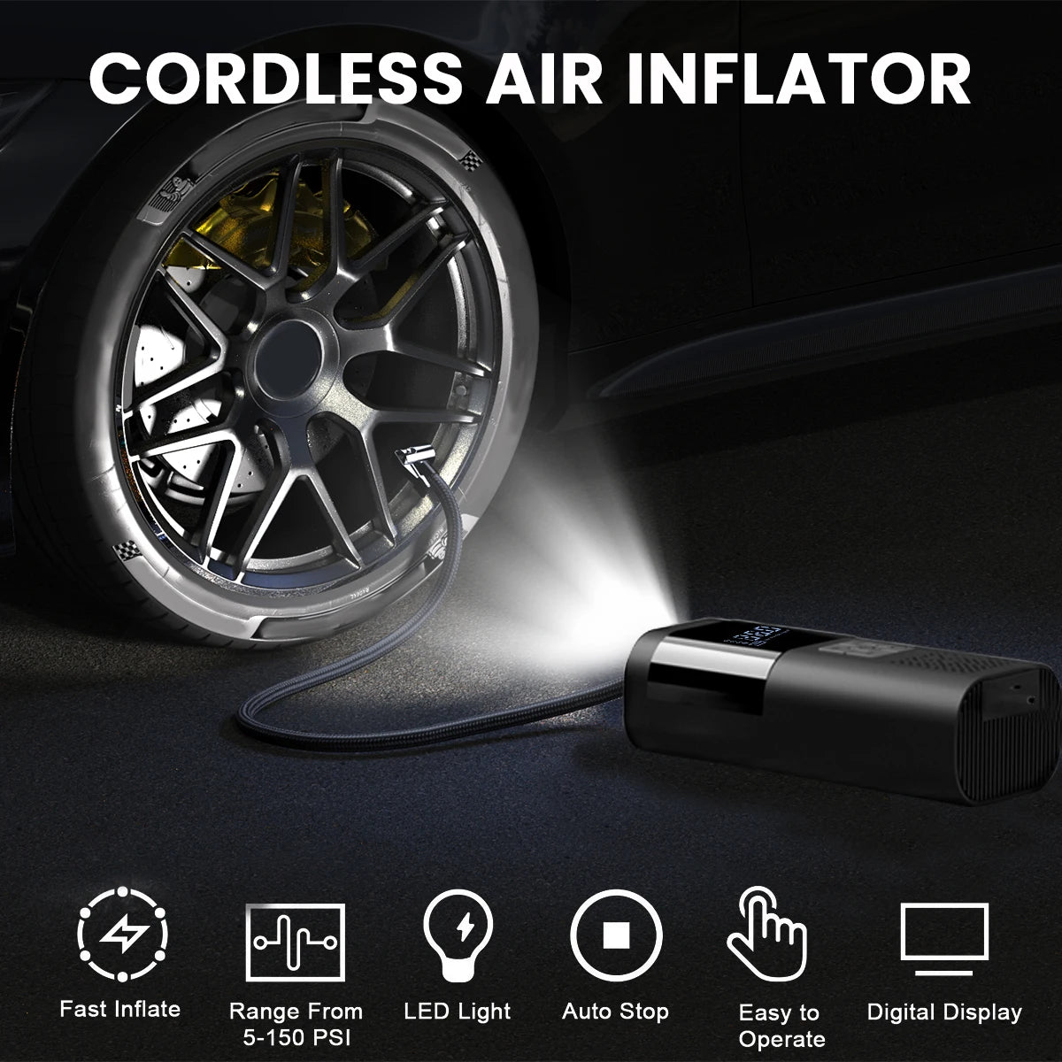 Cordless Tire Inflator 150PSI Portable Air Compressor LED Display