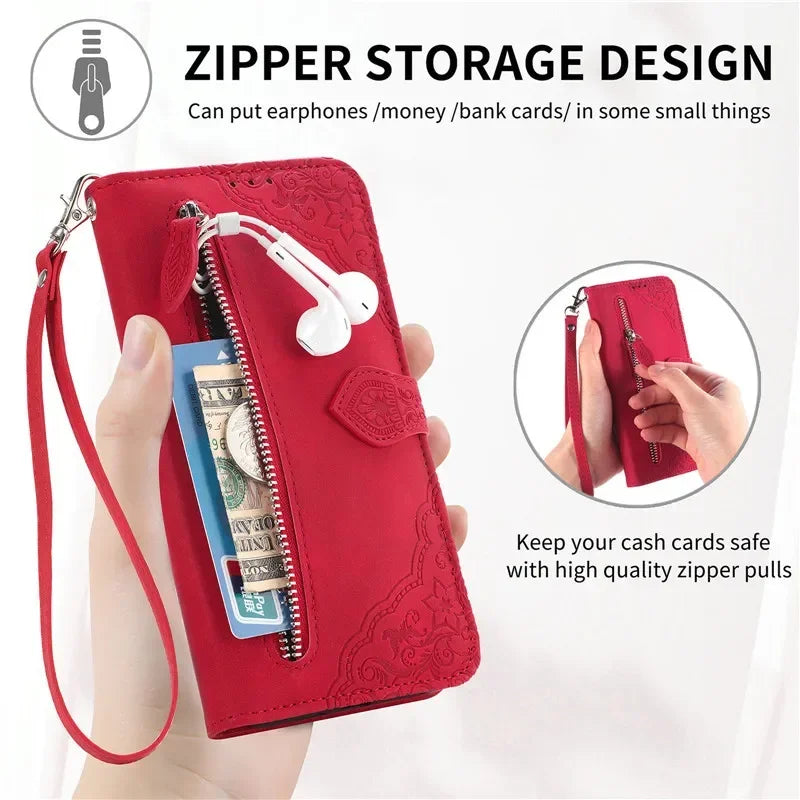 Lanyard Zipper Flip Wallet Card Cover For Samsung Galaxy S25 Edge S24 Ultra S23 Plus S22 S21 FE A17 Magnetic Leather Phone Case