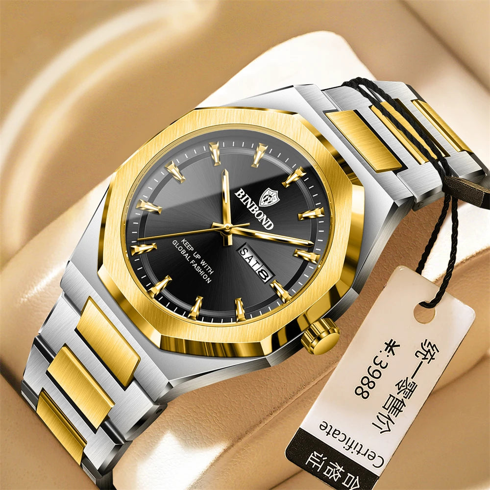 BINBOND Luxury Quartz Man Wristwatch Sport Men Watches Waterproof Luminous Date Week Stainless Steel Men&