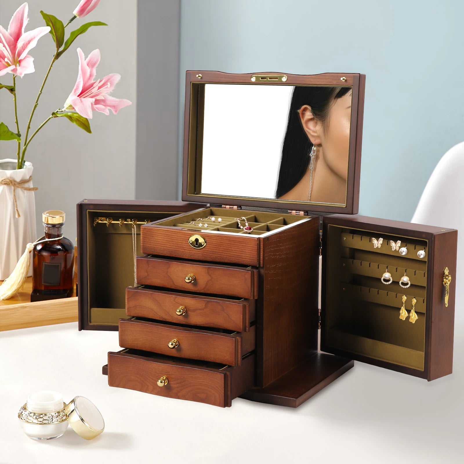 Wooden Jewelry Box Organizer Storage Luxury Multi Functional Jewelry Box with Lock Retro Drawer Style Display Packaging Supplies