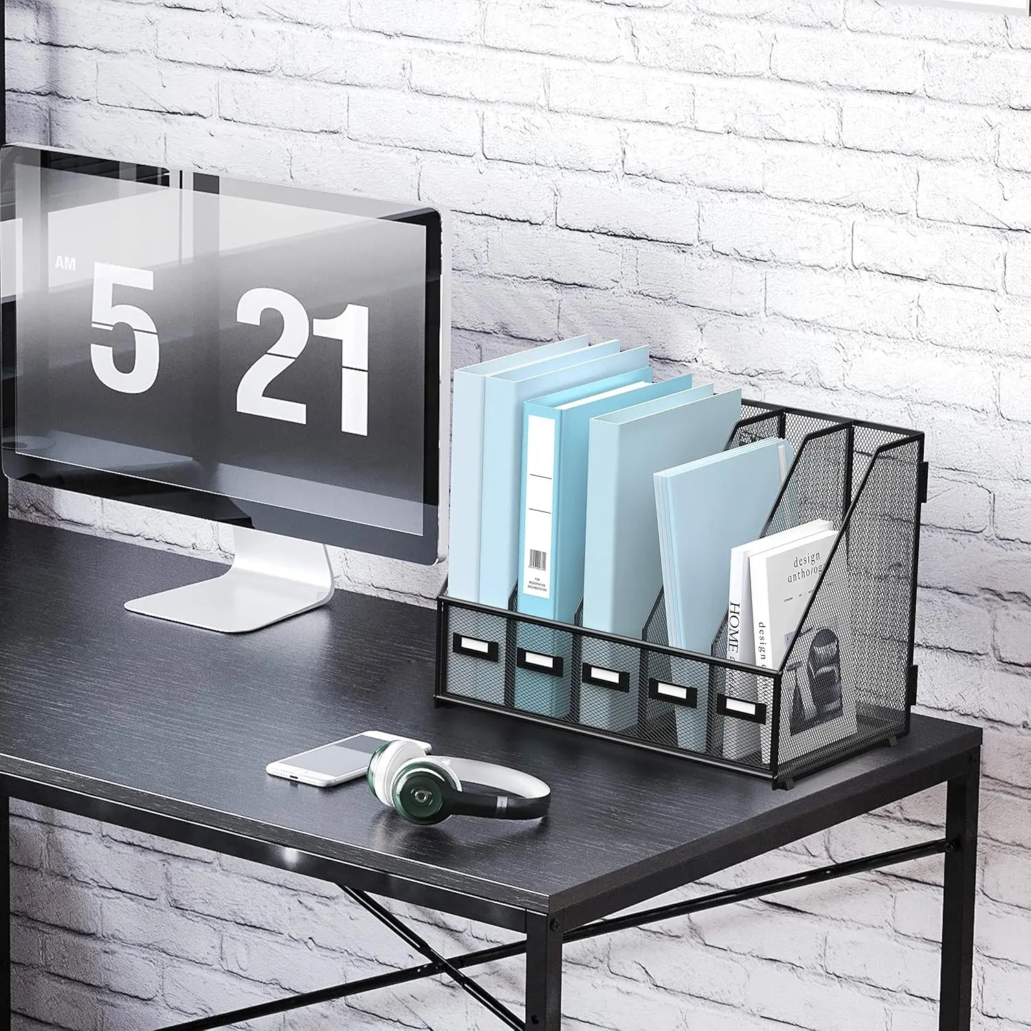 Metal Desk Magazine File Holder with 5 Vertical Compartments Rack File Organizer for Office Desktop, Home Workspace, Black