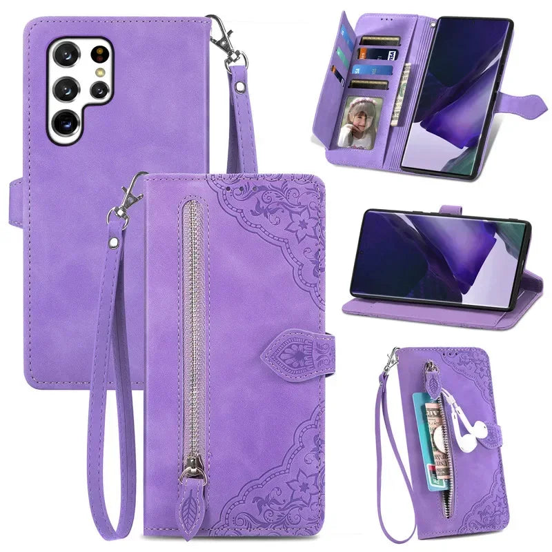 Lanyard Zipper Flip Wallet Card Cover For Samsung Galaxy S25 Edge S24 Ultra S23 Plus S22 S21 FE A17 Magnetic Leather Phone Case